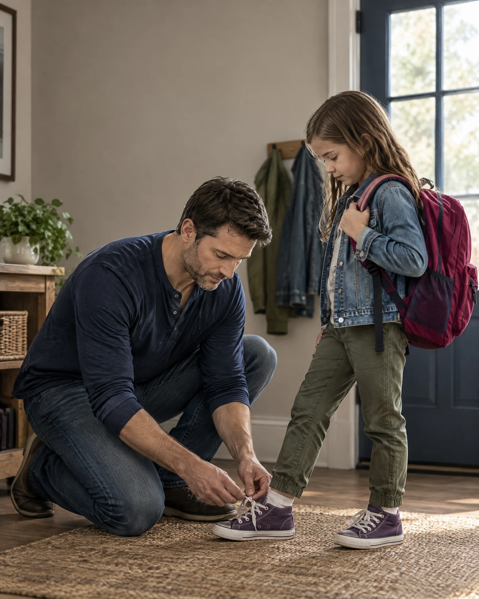 A white single father helps his daughter prepare for school at home.