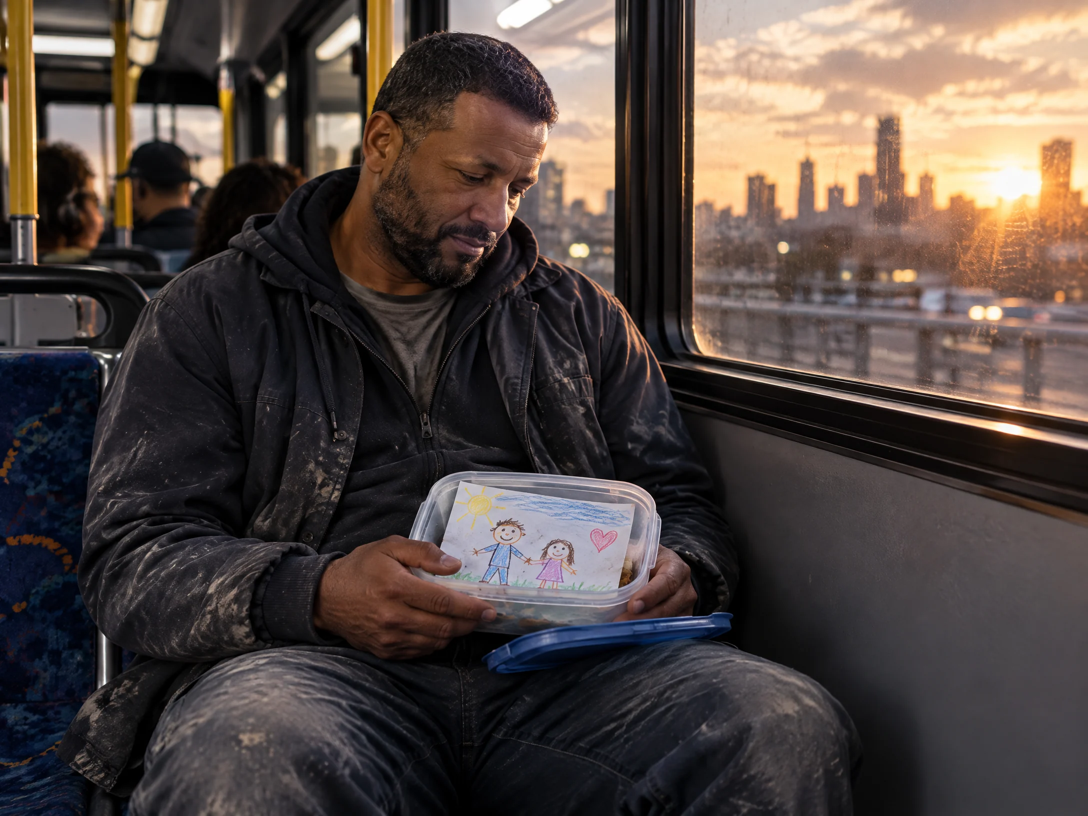 A father rides public transit after a construction shift while looking at a child’s drawing.