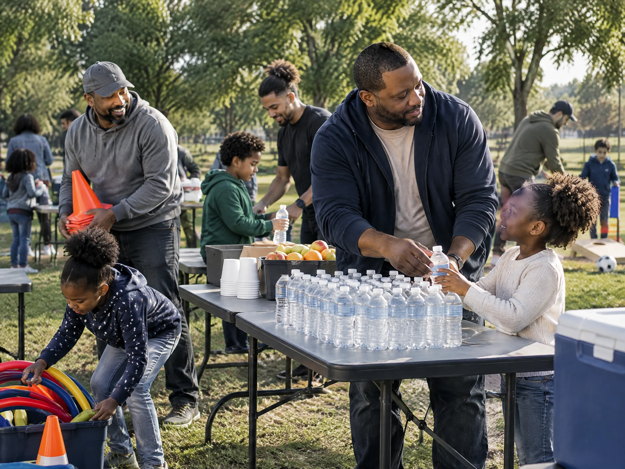 Fathers, mentors, and children help set up a community field day.