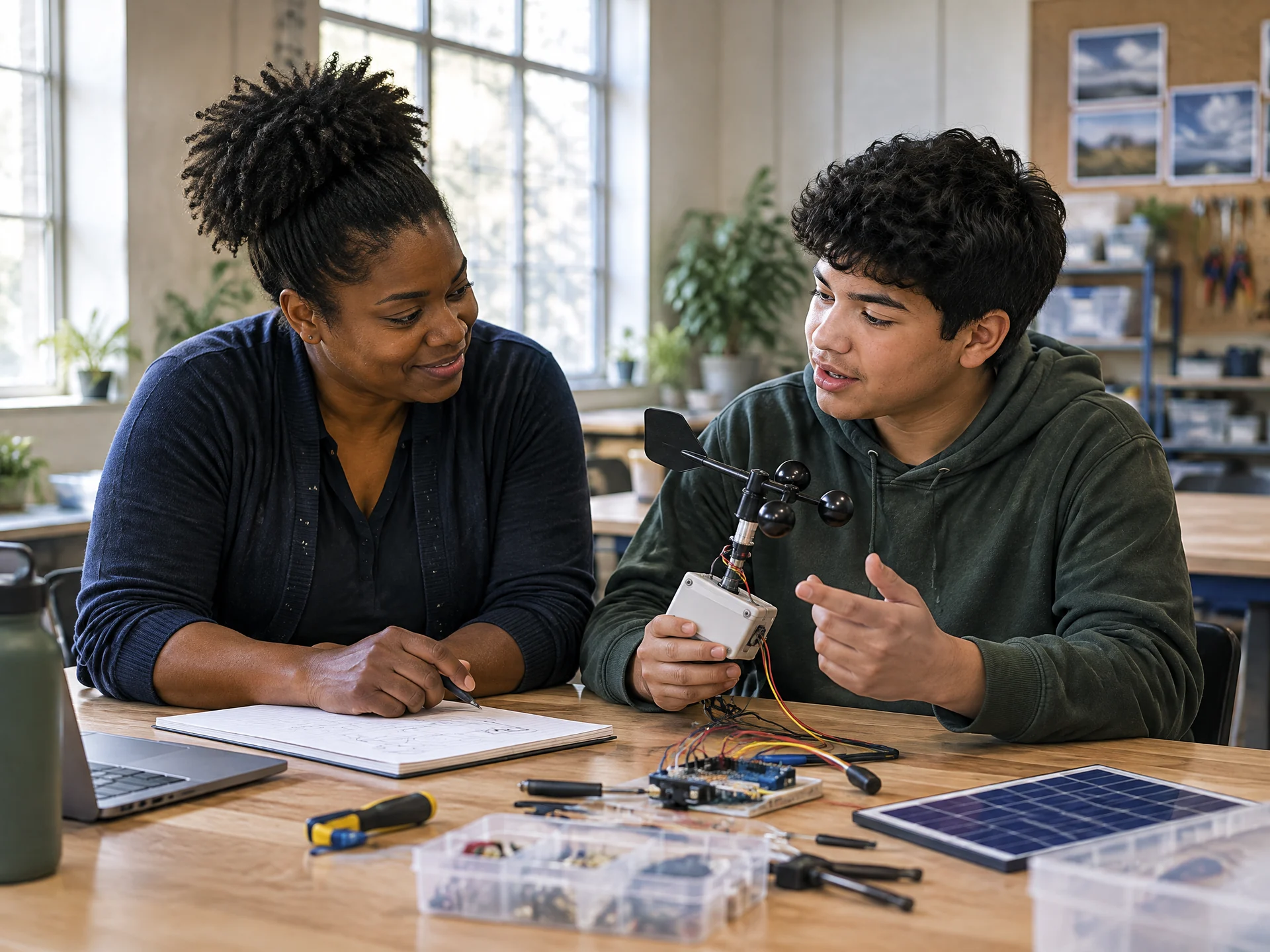 An adult mentor and young person build a project side by side.