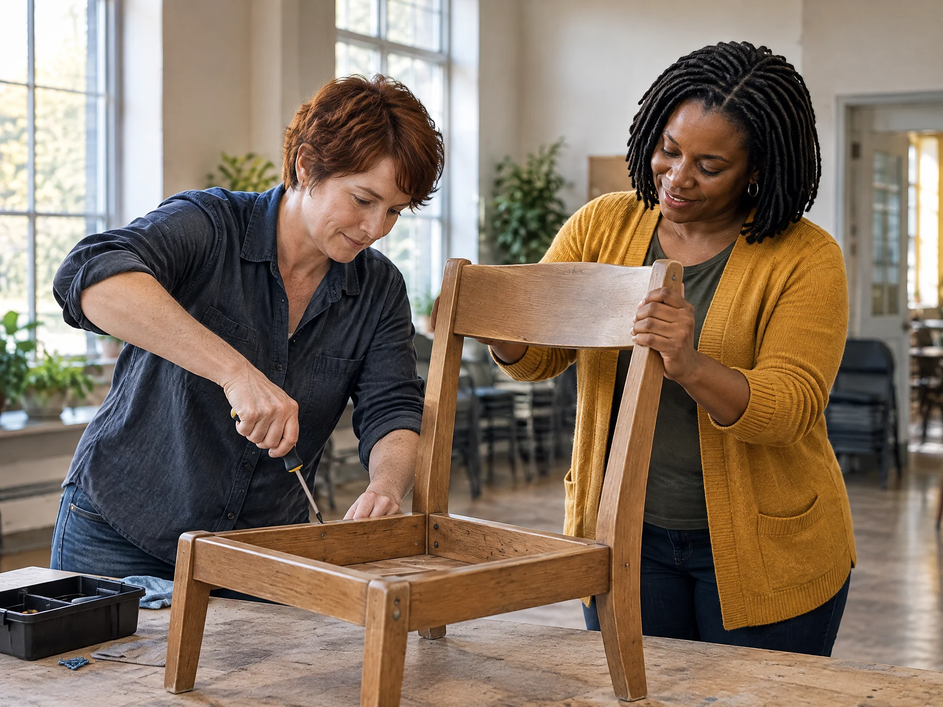 Two adults repair a household item together at a workbench.