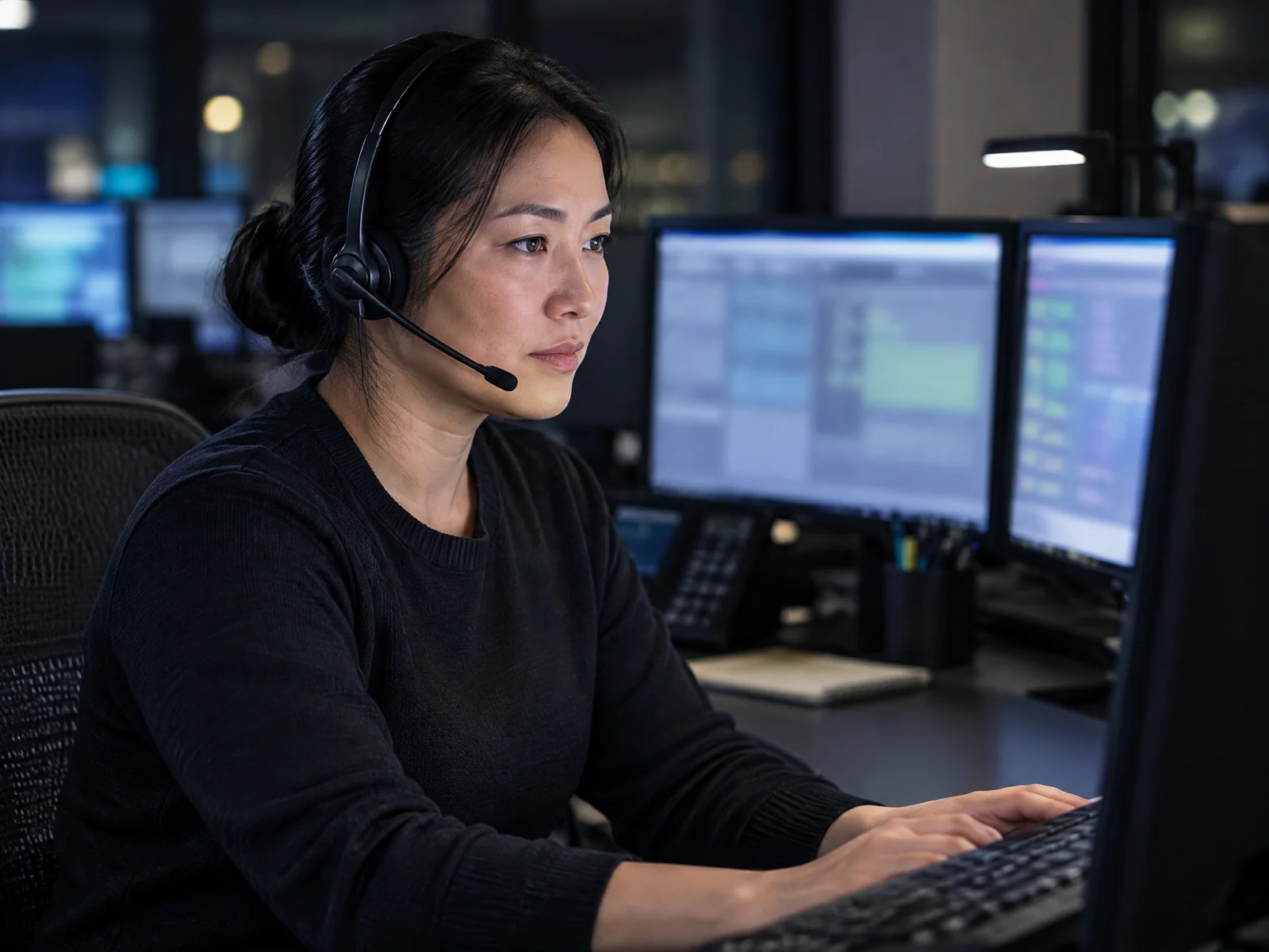 Illustrative First Responders editorial scene: dispatch 01 console focus. 