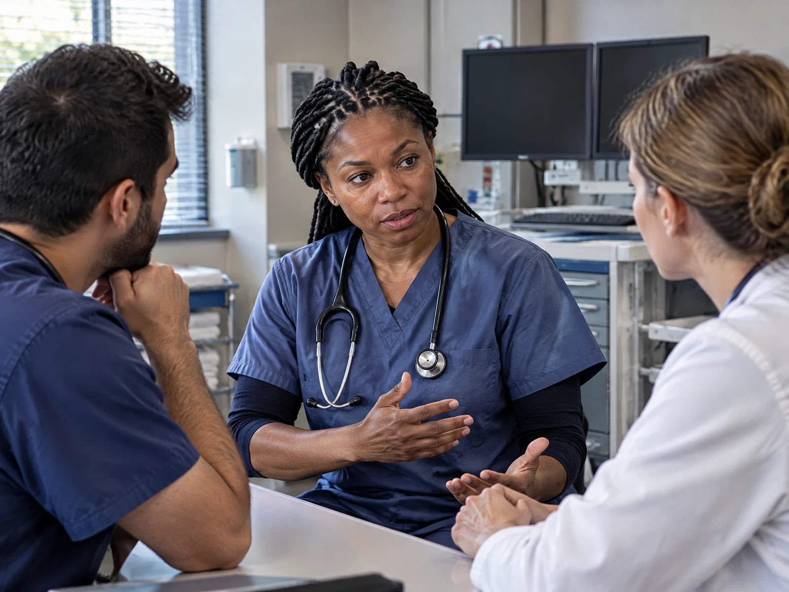 Illustrative First Responders editorial scene: doctor 01 team responsibility. 