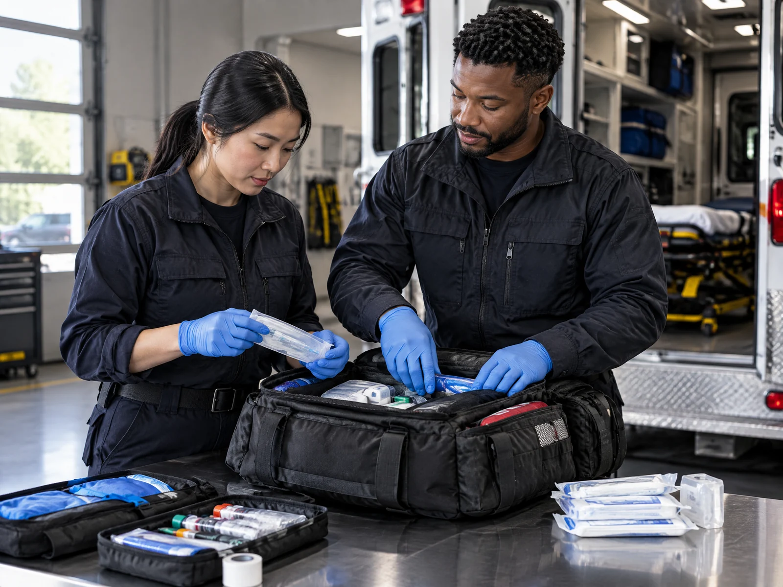 Illustrative First Responders editorial scene: ems 01 bag prep. 