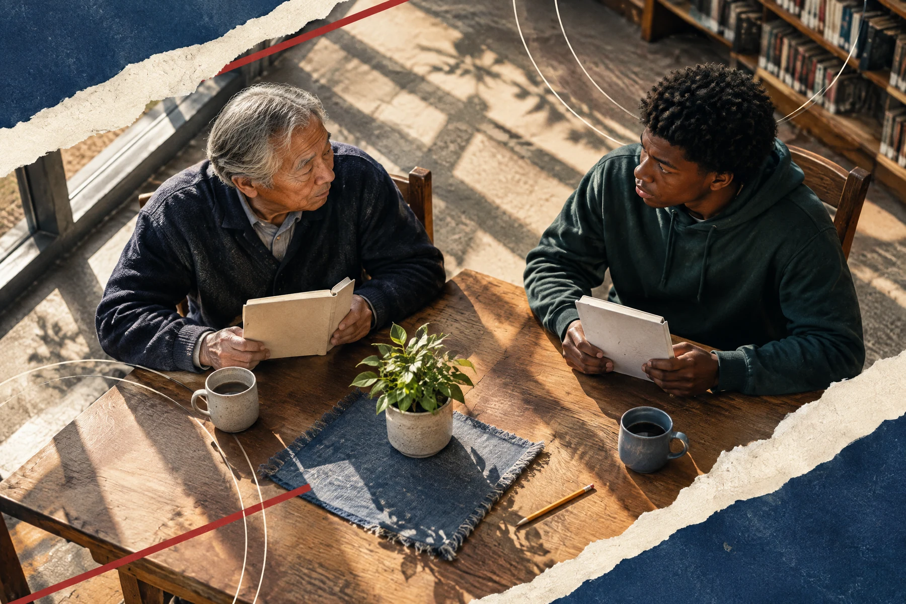 Father and teen discussing a page at a dining table, open listening, not staged conflict