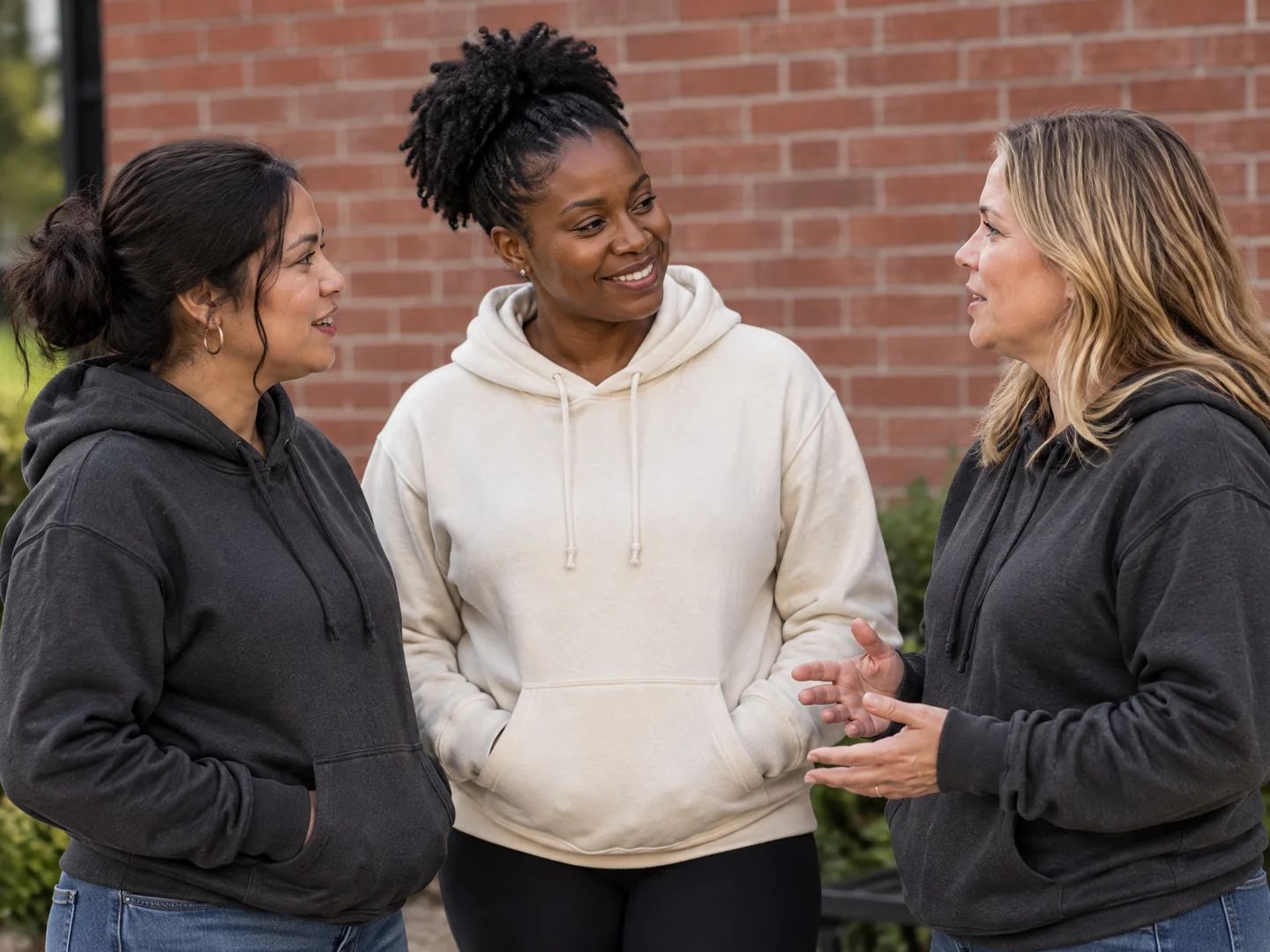 Three mothers talk after a community event while wearing plain hoodies.