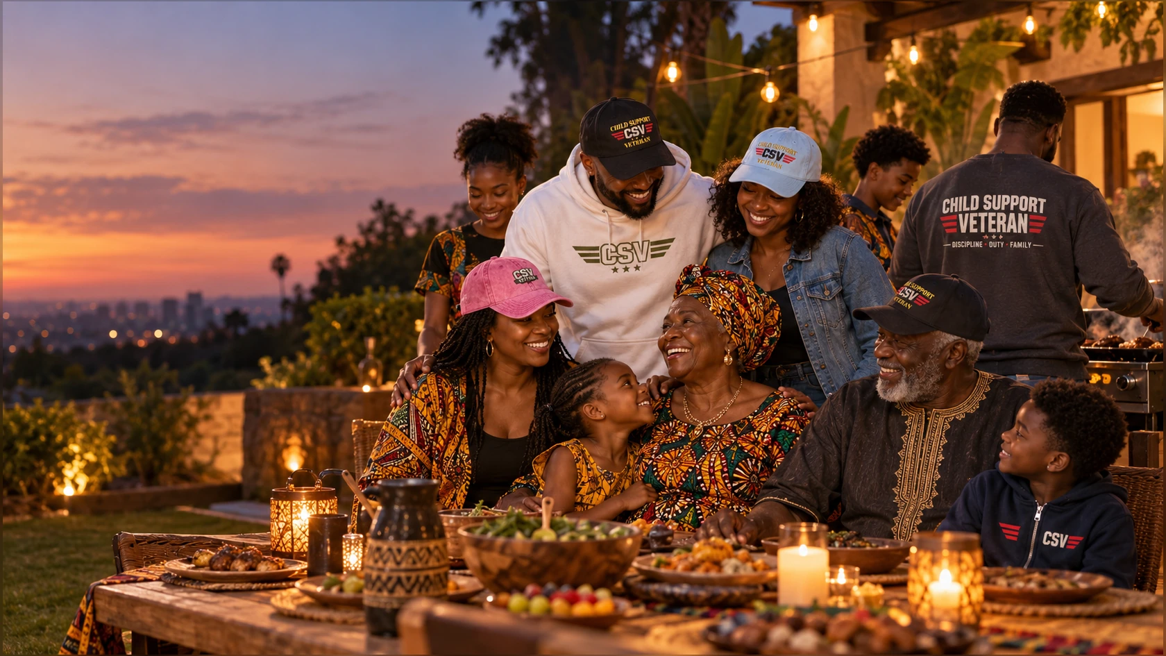A multigenerational family in Child Support Veteran apparel shares an evening meal outdoors.