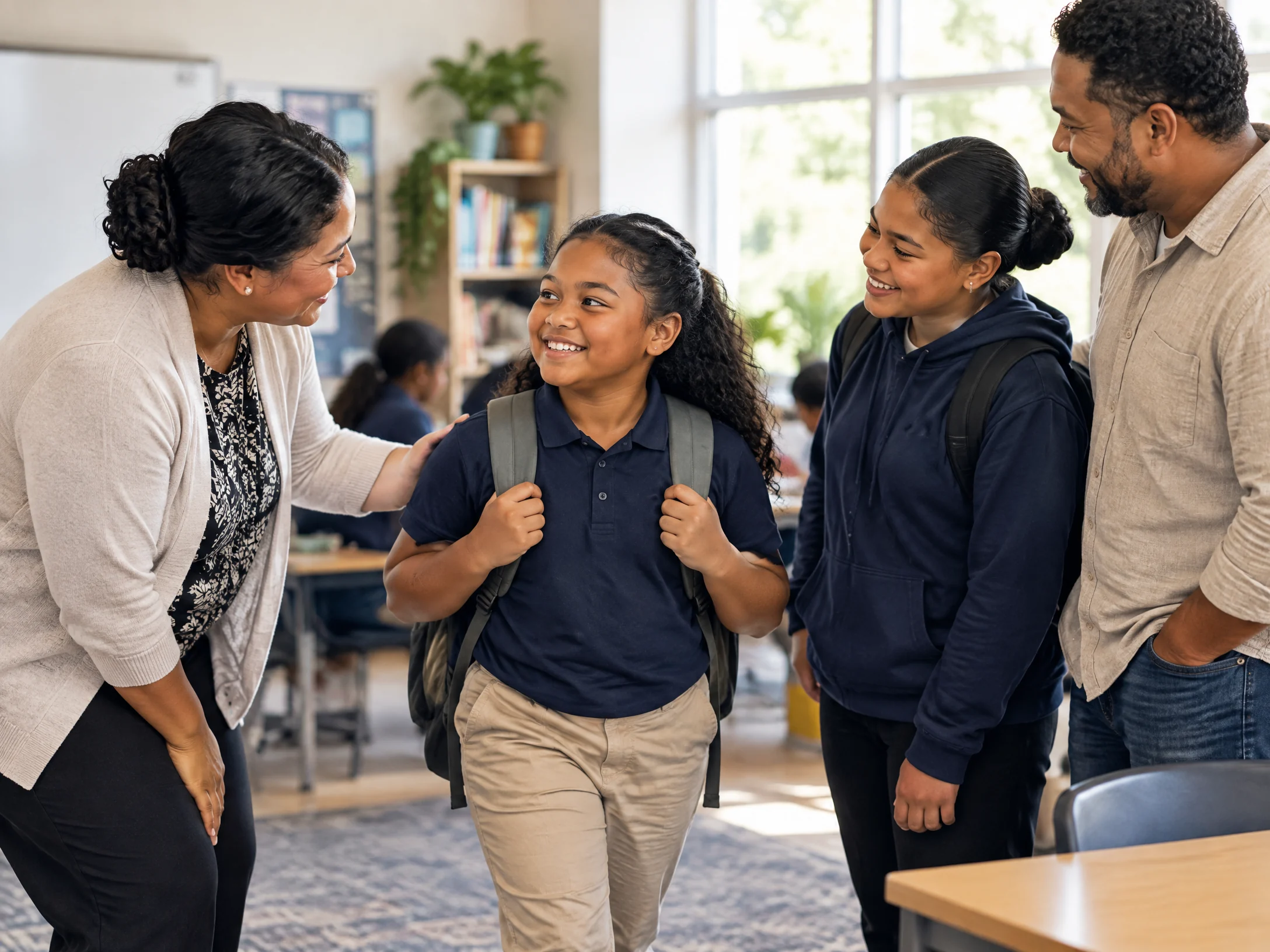 A Pacific Islander military-connected child enters a welcoming classroom with a school liaison, peer, and parent.