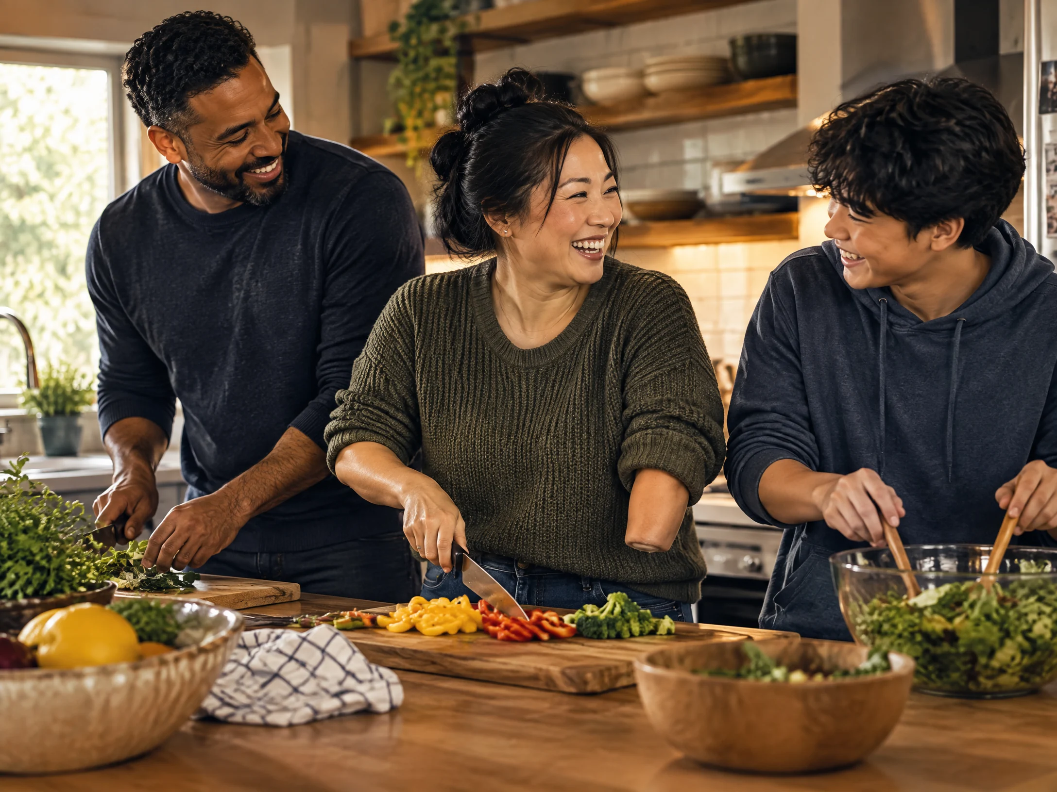An East Asian woman veteran with an upper-limb difference cooks alongside her partner and teenage child.