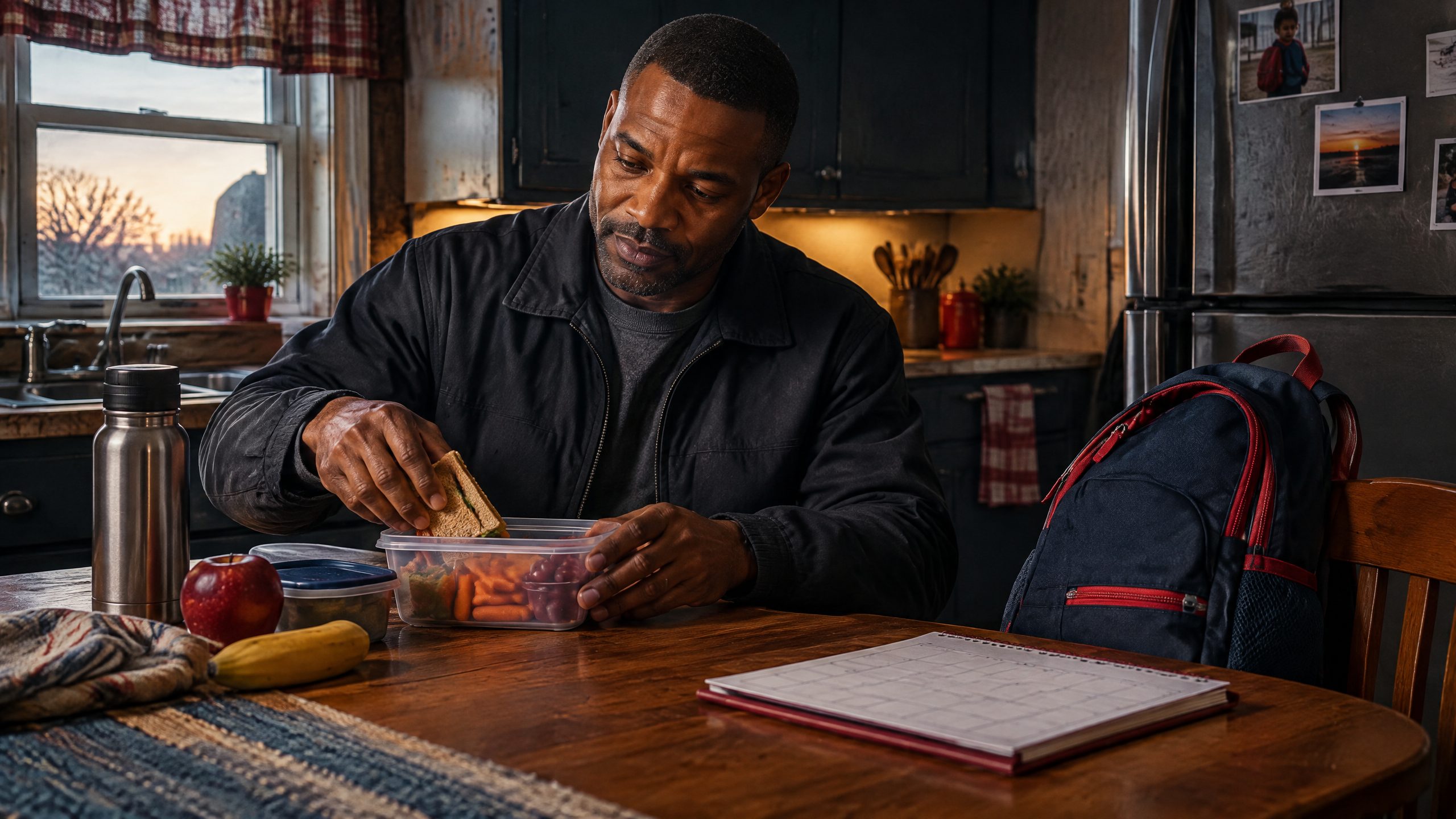 Scene of a father preparing a packed lunch.