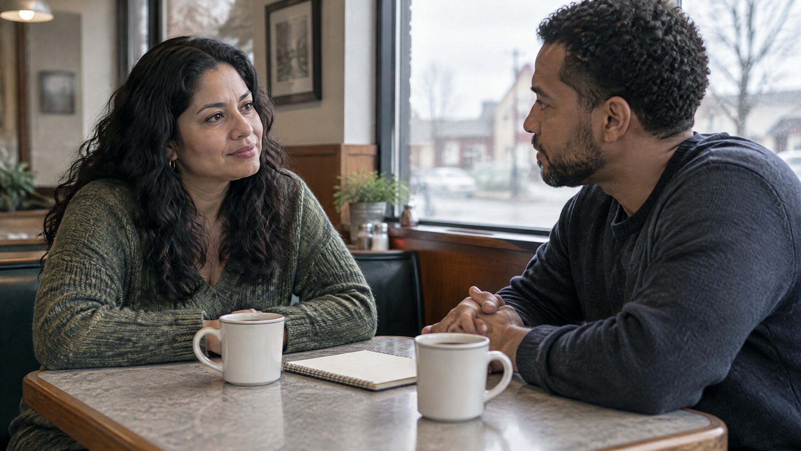 Scene of two adults in calm conversation.