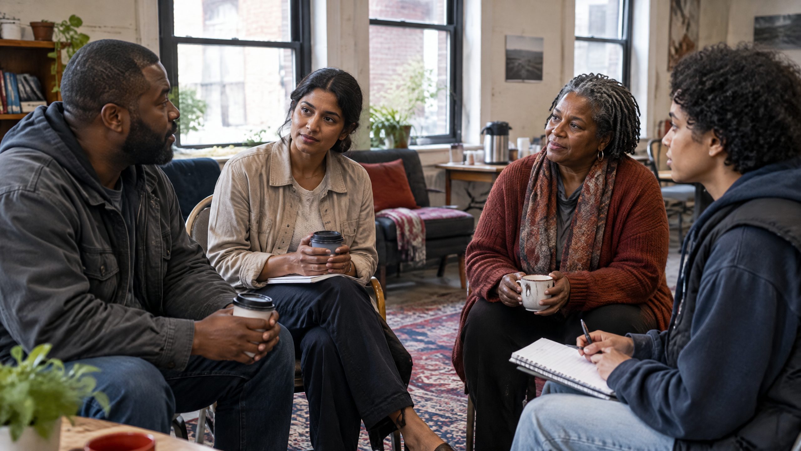 Scene of a small community gathering with practical care.